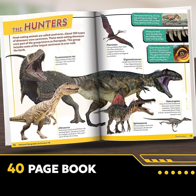 National Geographic Extinction- Kids VR STEM Science Kit, Gift Ages 8-12 | Virtual reality goggles, AR dinosaur discovery, 40-page book, 20in T-rex fossil build & display, learn archaeology & history
