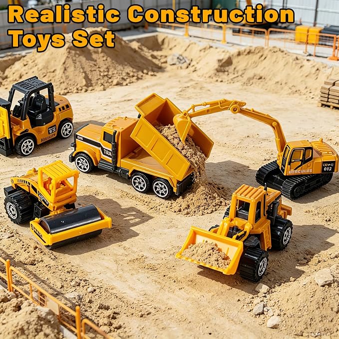 6 Pack Diecast Construction Toys, Mini Excavator Toy Alloy Construction Truck Model Set for Boys Age 3 4 5 6 7 Years Old, Kids Toddlers Birthday Gift & Party Favors
