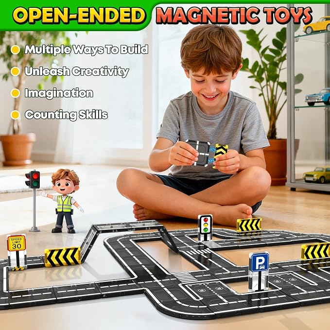 Magnetic Tiles Road Set, STEM Magnet Toys for Kids Ages 3-5 4-8, Magnetic Building Blocks for Toddlers, Birthday Gifts for 3+ Year Old Boys Girls