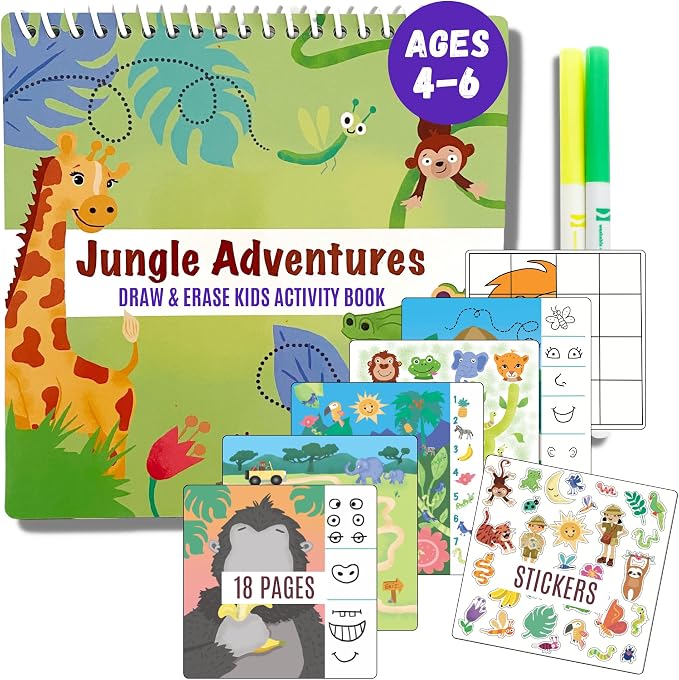 Totebook Dry Erase Activity Book for Kids - 18 Erasable Learning Games with Markers & Reusable Stickers, Travel Activities for Ages 4-6, Fits Case (Jungle Theme)