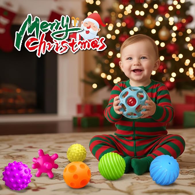 Sensory Toys for Babies, Montessori Textured Baby Balls and Wheat Straw Rattle, Baby Toys for 6-12 Months, Ideal Newborn Gifts for Boys and Girls, Toddler Toys for 1-3