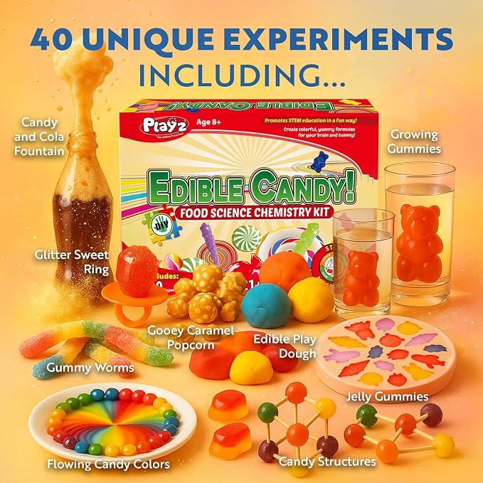 Playz Edible Candy Making Kit for Kids Age 8-12 Years Old with 40+ Fun | Science Experiments, DIY Chemistry kit for kids Rock, Gummy, Chocolate, hard candy maker, STEM Toys/gift for Girls and Boys