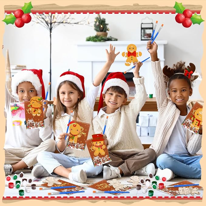 Saypacck 24 Pcs Gingerbread Man Party Favors Wooden Paint Craft Kits | Christmas Gingerbread Man Ornamnet For KidsParties, Brush and Paints Included, Goodie Bag Fillers Gifts