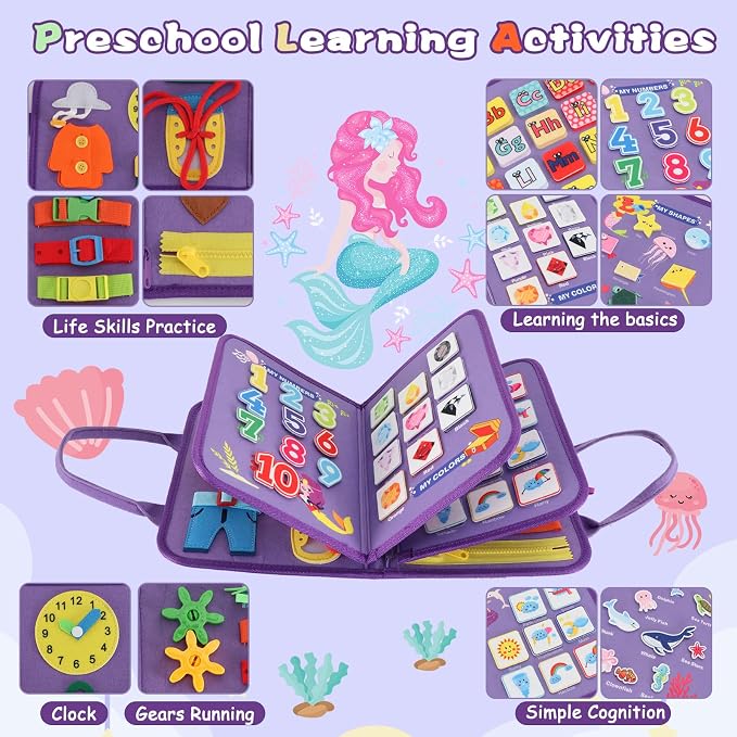 Montessori Busy Board for Toddlers 3-6, Soft Sensory Activity Book with Life Skills, Cognition, Sorting, Matching, Travel Toys for Airplane Car, Gift for Girls Boys 3+ Years Old (Mermaid)