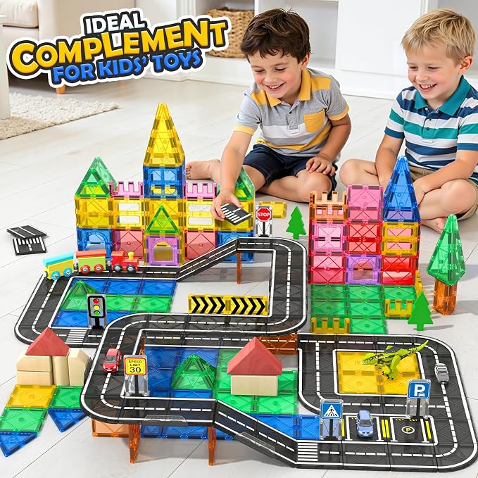 Magnetic Tiles Road with Bridge Clamp, STEM Magnetic Building Blocks for Kids, Educational Montessori Sensory Toys for Kids Ages 3-5 4-8 5-7, Gift for 3+ Year Old Boys Girls