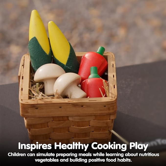 PlanToys® Wooden Fresh Produce Corn, Mushrooms & Bell Peppers Kids Play Set | slicing, knife, fruits and vegetables toys, pretend food, girls, boys, fine motor role imaginative social gift preschool