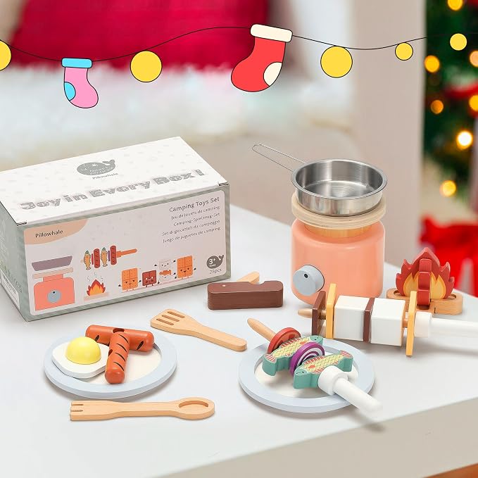 Pillowhale Wooden Campfire Playset – 25-Piece Kids S’Mores & Grill Pretend Camping Kitchen Toy, Glow-Look Fire, Skewers, Pan & Food, STEM Screen-Free Outdoor BBQ Gift for Boys & Girls Age 3+