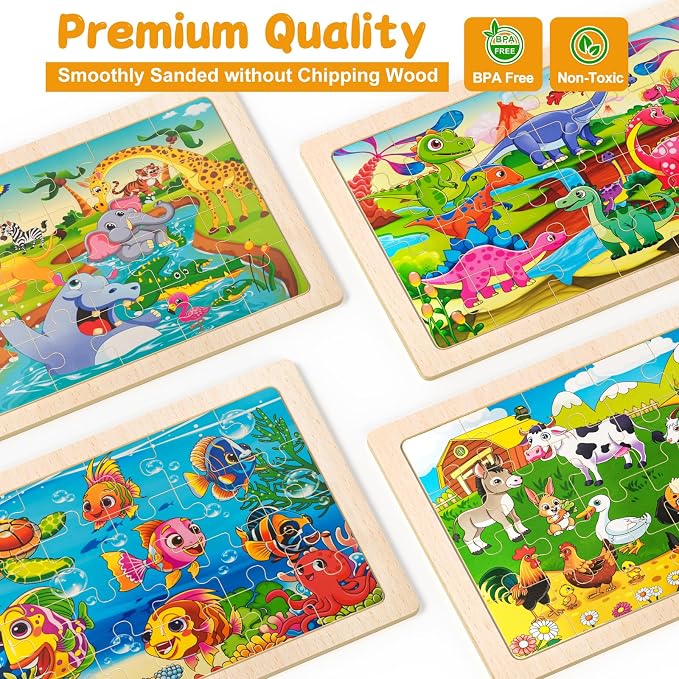 4 Pack Wooden Animal Jigsaw Puzzles for Kids Toddler Puzzles Gift | Sensory Toys, Preschool Educational Toys, Toddler Puzzles Gift Boys Girls