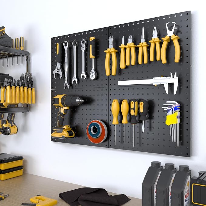 Spampur Peg Board, 4 Pack Metal Pegboard Panels Black Boards Wall Organizer | Tools Pegboard Storage System for Workbench, Garage Tool Storage, Office Organization, Wall Home, Craft Room