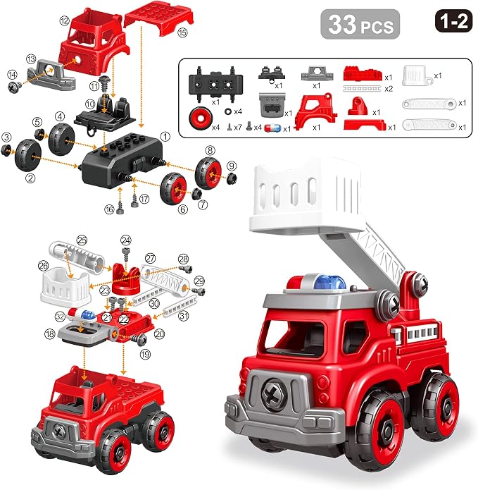 4-in-1 Take Apart Toys Truck with Electric Drill, DIY Assembly Fire Truck | Toy Vehicles, Kids STEM Building Educational Cars Toys, Birthday Gifts for Age 3 4 5 6 7 8 Years Old Boys Girls