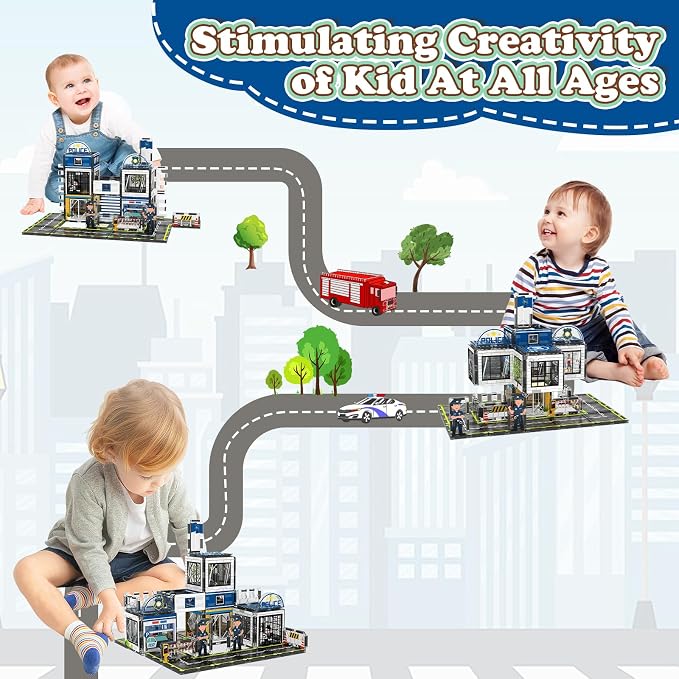 AFUNX Police Station Magnetic Tiles Building Set for Kids Ages 3+ | Strong Magnets, Compatible with Major Magnetic Tile Brands, Police Pretend Play, Creative Building,Gift Ready