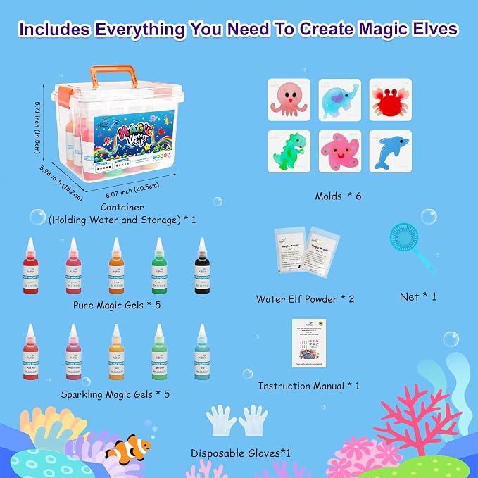 Kiditos Magic Water Elf Toy Kit,Squishies for Kids, DIY Sensory Craft Kit | 10 Gels & 6 Molds, Make Your Own Magic Water Pets, STEM Science Activity, Party Favors & Birthday Gifts for Kids Ages 3+