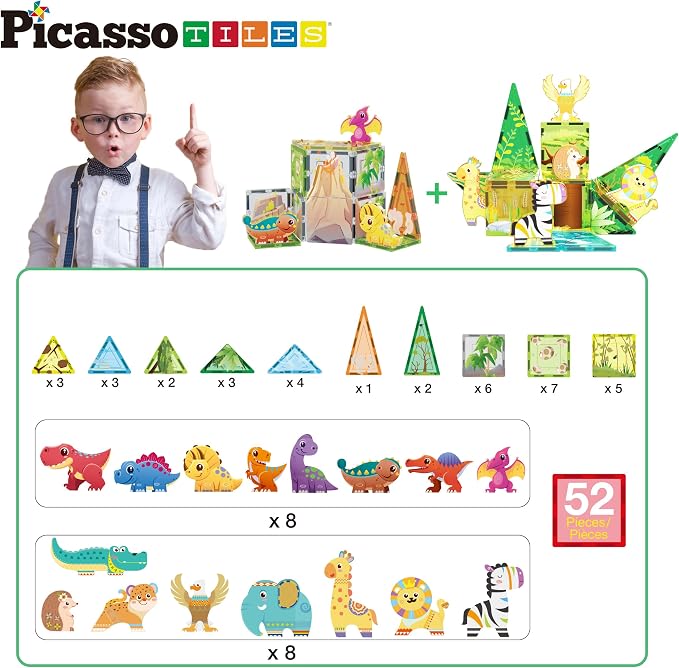 PicassoTiles Magnet Tiles Set Magnetic Building Blocks Safari Animals Dinosaur Theme with 16 Action Figure Construction Blocks STEM Toys Education Preschool Toy for Toddlers Boys Girls Ages 3+ PTQ28