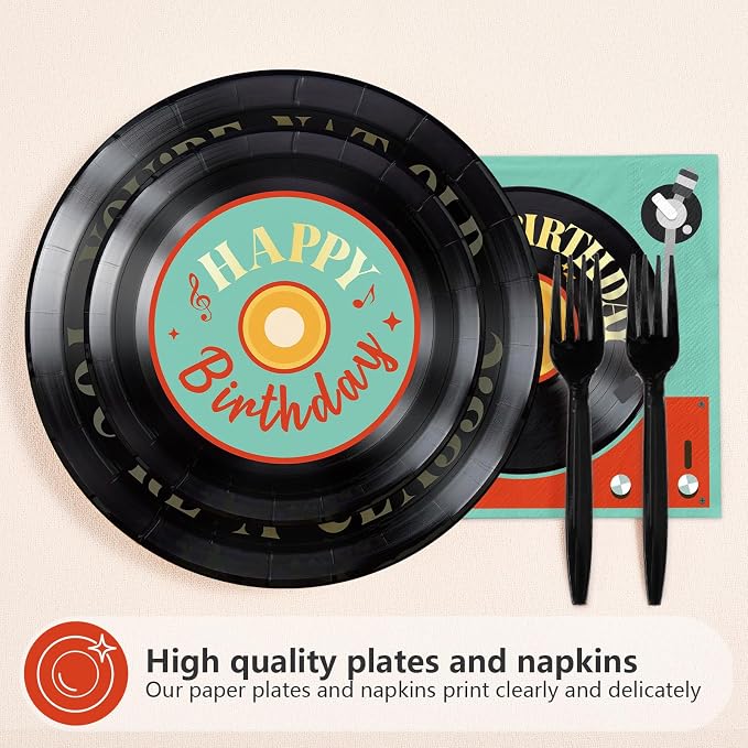 96Pcs Vinyl Record Birthday Party Decorations for Men Women, Serves 24 | Rock and Roll Music Plates and Napkins Karaoke Tableware Set for Vintage Disco Rock Music Birthday Party Supplies