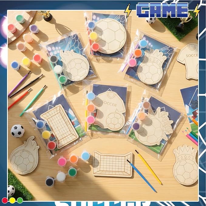 Chunful 24 Sets Soccer Party Favors Wooden Painting Crafts Kits DIY Soccer Paint Arts and Crafts Gifts for Birthday Party Decoration Craft Project