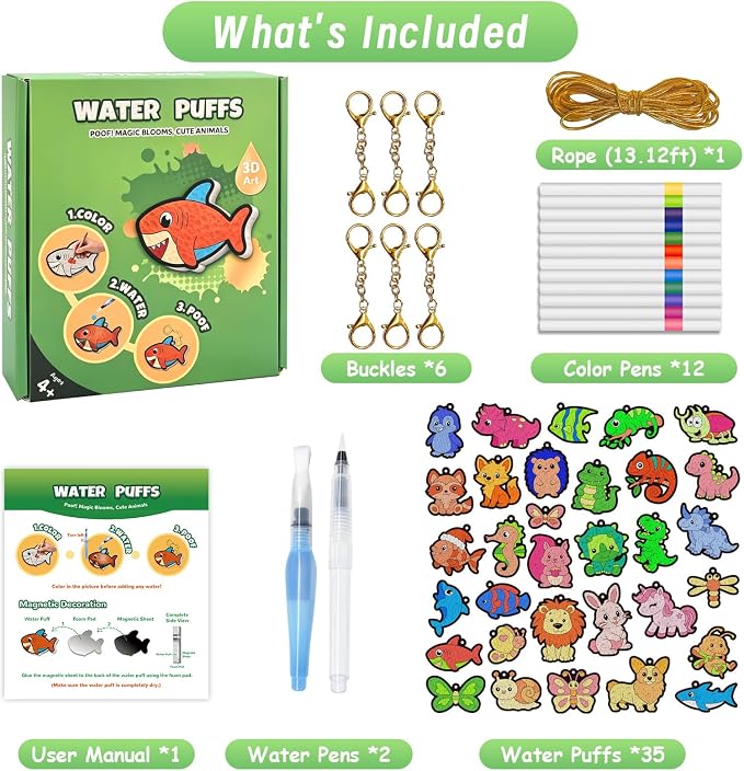 SOOVSY Magic Puffs 3D Art Kit for Kids, Water Activated Puffy Art Craft Kit with Animals Designs, DIY Color & Inflate Activity, Screen-Free Travel & Rainy Day Toy for Girls Boys Ages 4-8