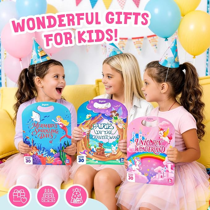 JoyCat Reusable Sticker Book Set for Kids, 3-Pack, Unicorn Fairy Mermaid | 90 washable stickers, kids car activities, road trip toy, party favors, toddler girl birthday gift, preschool creative play
