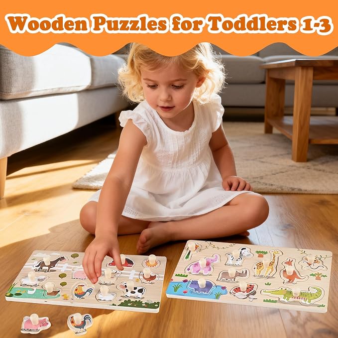 Wooden Peg Puzzles for Toddlers 1-3, 2 Pcs Montessori Puzzles, Zoo & Farm Animal Puzzles, Great Preschool Educational Learning Gifts for Girls and Boys
