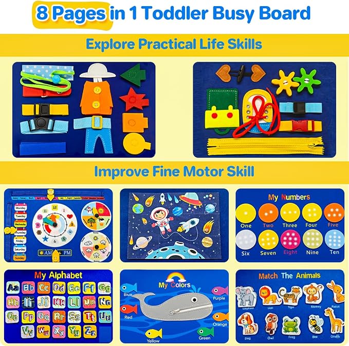 Montessori Busy Board,Busy Book Travel Toy Gifts for Toddler Boy Girl 1-3 | Sensory Toys,Preschool Educational Toy,Fine Motor Skills,Activity Book,For Airplane & Car,Blue Multipages