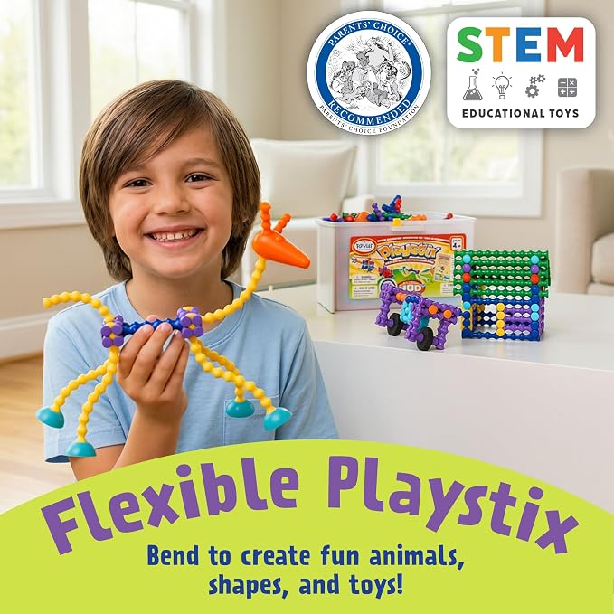 POPULAR PLAYTHINGS Playstix, Super Set 400 Piece, Building Sticks Kit | for Kids Ages 4 and Up, Construction Stem Building Toy Gift, for Boys & Girls, for Kids