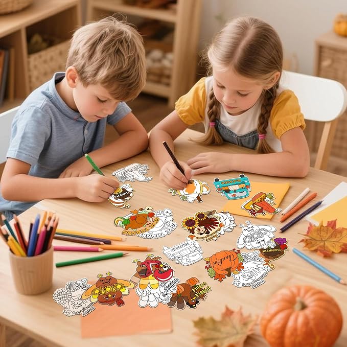 Thanksgiving Coloring Arts Crafts Kits - 30Pcs Fall Color Your Own Magnets for Kids Turkey Pumpkin Blank DIY Coloring Magnets for Autumn Party Fridge Refrigerator School Classroom Activities Decors