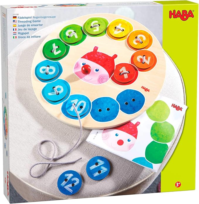 HABA Caterpillar Rainbow Preschool Learning Activity with Colors & Numbers, Threading Game & Fine Motor Skills Toy for Kids, Lacing Cards for Kids Ages 3+