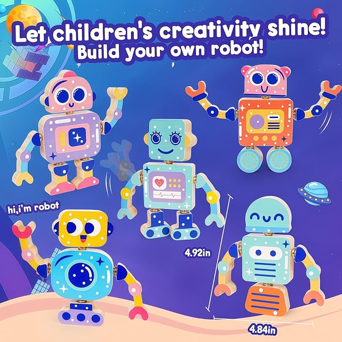 Robot Toys for Kids 3-5,Montessori Wooden Learning Toy with Take Apart Features Robots,STEM Educational Play Fine Motor Games for Boys Girls