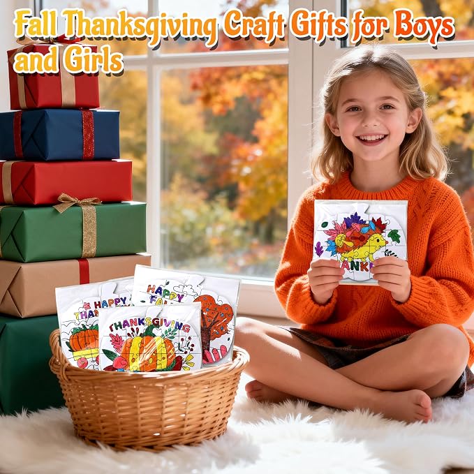 24Pcs Thanksgiving Fall Crafts for Kids Autumn Pumpkin Shape Art DIY Puzzle | Fall Craft Jigsaw leaf Turkey for Thanksgiving Harvest Activity, Classroom party favor Gift, Coloring Game Toy Supplies Bulk