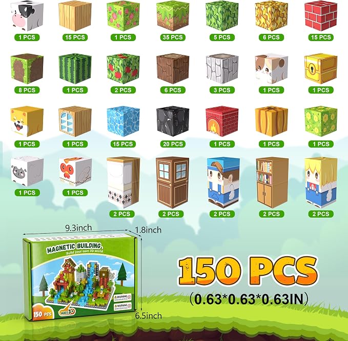 150PCS Magnetic Blocks, Magnetic Building Blocks, 0.63in Magnetic Building | STEM Game Stacking Toys for Kids, Birthday Gifts for Boys and Girls Age 3+ Years Old