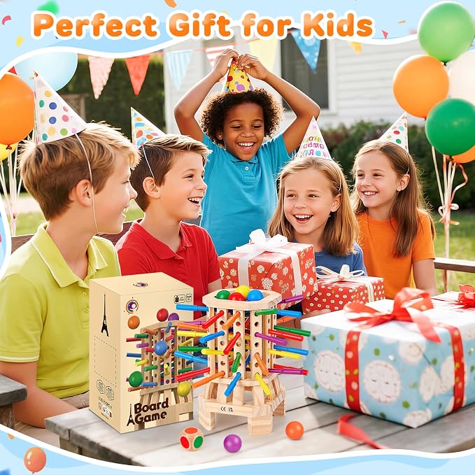 Montessori Wooden Board Game, Colorful Sticks & Ball Drop Games for Kids, Fine Motor Skills & Math Learning Toy for 3 4 5 6 Year Old, 2-6 Player Family Travel Game, Birthday Gift for Boys Girls Age 3+