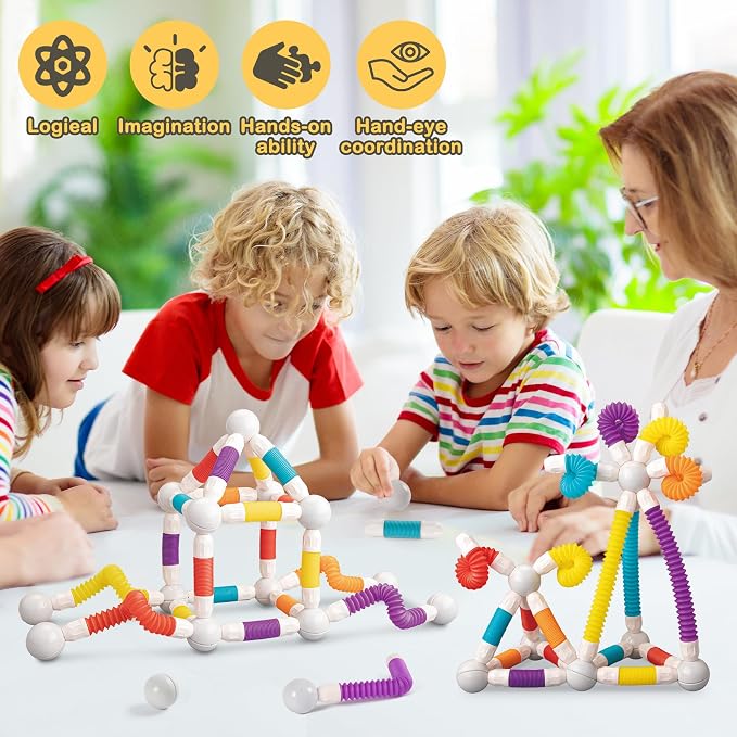 LONEEDY 48PCS Retractable Magnetic Sticks Building Toy Set-Flexible Magnetic Rods & Balls,Educational Building Blocks for 3+Kids (48PCS)