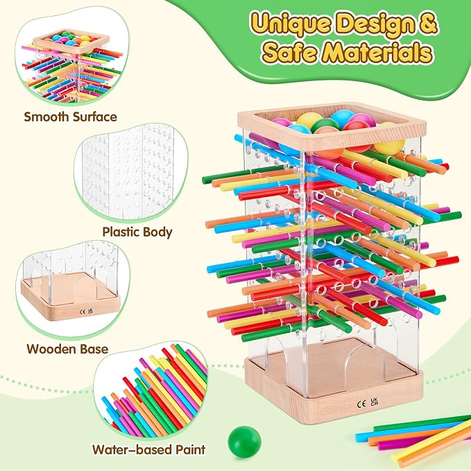Montessori Wooden Board Games, 48 Colorful Sticks Dice Game with 12 Balls, Family Game for Kids and Adults, Math Educational Toys for 3 4 5 6 Years Old, Fine Motor Skills Toy Gifts for Boys and Girls