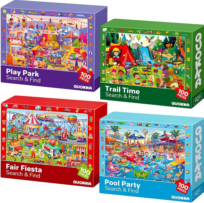 QUOKKA 100 Piece Puzzles for Kids Ages 4-6 – 4xSET Search and Find Kids Puzzles Ages 5-8 – Artist-Crafted Illustrations, Hidden Objects, Unique Jigsaw Shapes, Educational Activity for Learning & Play
