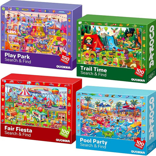 QUOKKA 100 Piece Puzzles for Kids Ages 4-6 – 4xSET Search and Find Kids Puzzles Ages 5-8 – Artist-Crafted Illustrations, Hidden Objects, Unique Jigsaw Shapes, Educational Activity for Learning & Play
