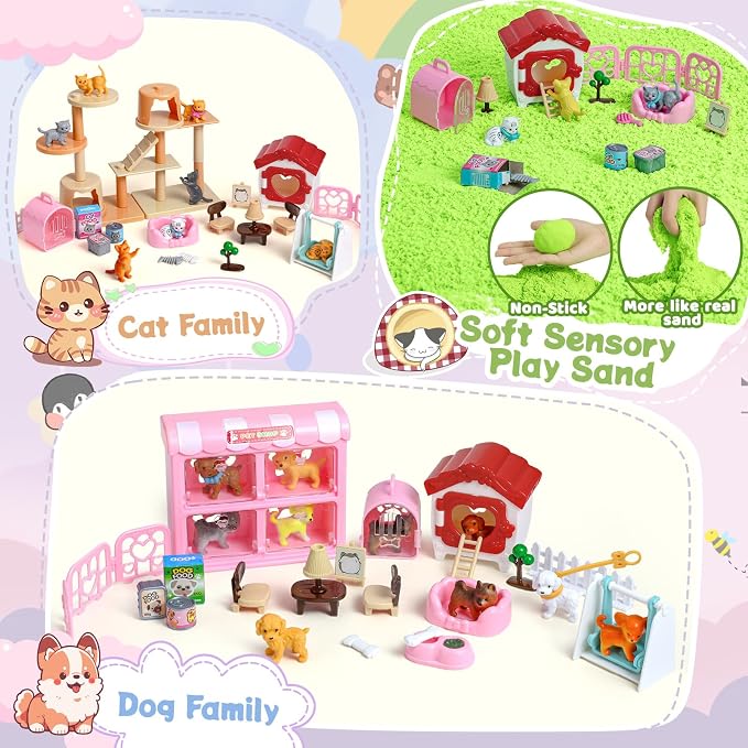 KNASON Cat and Dog Sensory Bin, Play Sand Kit for Girls and Boys Ages 3-8 | 2.2lbs Sensory Sand, Pet Sandbox with Lid, Cat and Dog Figures, Dog House, Cat Climber, Role Pretend Play Toy Gift for Kids