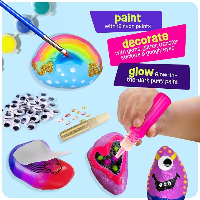 Dan&Darci Kids Rock Painting Kit - Glow in The Dark - Gifts Arts & Crafts for Boys and Girls Ages 6-12 - Craft Activities Kits - Creative Art Toys for 6, 7, 8, 9, 10, 11 & 12 Year Old Kid