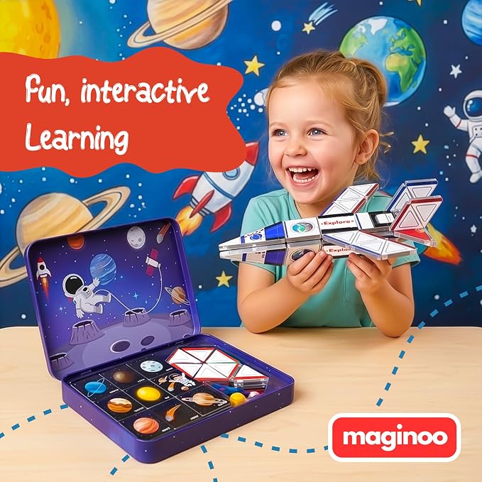 42 Pcs Mini Magnetic Tiles Space Rocket Toys, STEM Building Blocks | STEM construction set with iron travel storage box. Fun birthday gift for kids, boys and girls, ages 3-8.