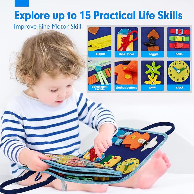 hahaland Montessori Busy Board for Toddlers, Preschool Learning Activities | Life Skills, Alphabet, Number, Shape, Color, Animal, Weather, Toddler Boy Learning Educational Busy Book Airplane Travel Toy