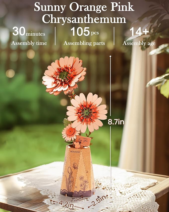 rowood 3D Puzzles for Adults,Mother's Day DIY Wooden Flower Building Set Craft Kits,Botanical Collection Home Decor, Teacher's Day/Christmas/Birthday Gift- Orange Gerbera Daisy
