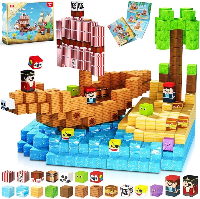 ToyUnited Magnetic Blocks - 100PCS Build Pirate-Ship World Set | Magnetic Building Cube Stacking, STEM Montessori Sensory Toys for Kids Boys Girls Ages 3 4 5 6 7 8 9 10 Easter Birthday Gifts
