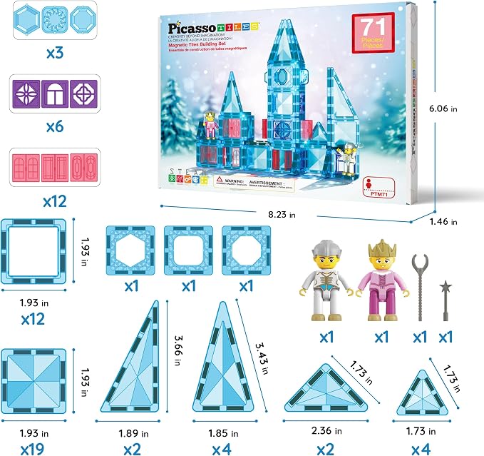 PicassoTiles 71pc Mini Diamond Series Winter Ice Theme Magnetic Tile Building Blocks 2 Character Action Figures Travel Size On-the-Go Magnet Construction Toy Set STEM Development Kit Ages 3+ PTM71