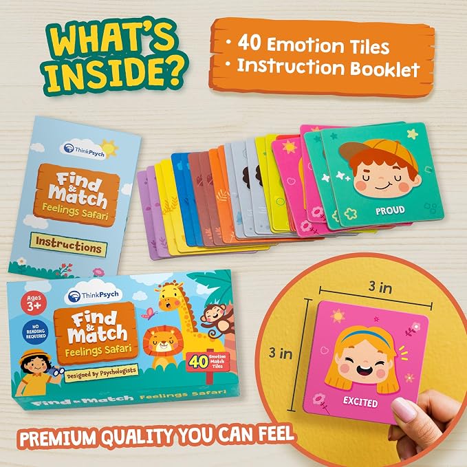 ThinkPsych Find & Match - Feelings Safari Memory Match Game | Learn About Emotions | Therapy Games for Kids | SEL Activities | Play Therapy Toys for Counselors | Ages 3+