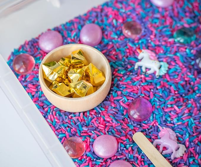 Unicorn Sensory Bin Kit for Kids | Pink, Purple & Blue Rice, Unicorn Figurines & Charms, Crystals & Wooden Tools – Includes Clear Storage Bin