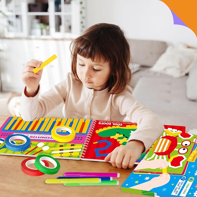 SpriteGru Tape Activity Book, 30 Dry Erase Scenes and 4 Colorful Tapes, Reusable & Erasable Pages and Easy-Tear Tapes, Fun and Creative Game Pad for Road Trip, Travel, At Home