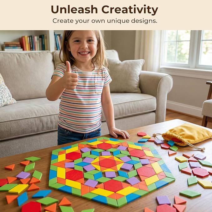 LovesTown 209 PCS Shapes Wooden Pattern Blocks for Kids | Geometric with Activity Cards, Storage Bag, Educational Tangram Puzzles, Great Learning Gift