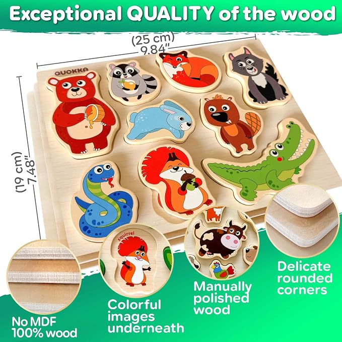 QUOKKA Wooden Puzzles for Toddlers 1-3 – 3xSET Toddler Puzzles Ages 2-4 – Montessori Animal Chunky Puzzle for Kids 3-5 – Wood Learning Toy for Boy and Girl – FSC Certified Wood