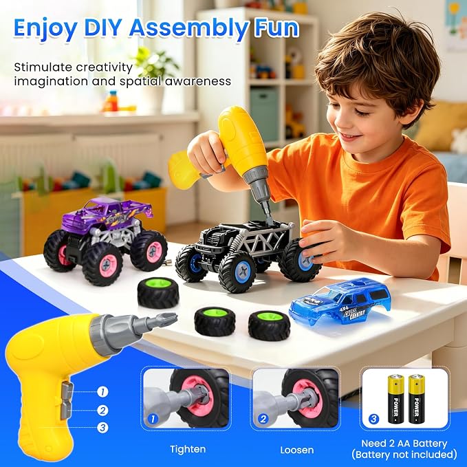 Take Apart Monster Truck Toys for Kids Age 4-7, STEM Monster Trucks | Electric Drill & Storage Box, Educational Building STEM Toys for Kids, Christmas & Birthday Gifts for Boys Girls 3-5 4-8
