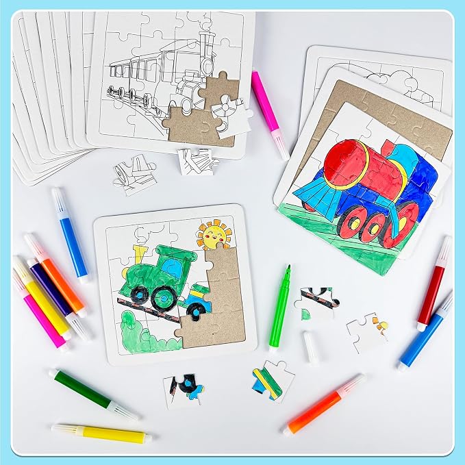 Cinrobiye 24 Pcs Train Coloring Puzzle Craft Kit for Kids, DIY Transportation Jigsaw Puzzles Bulk, Train-Themed Activity Set for Birthday Party Favors, Classroom Games, Art Projects