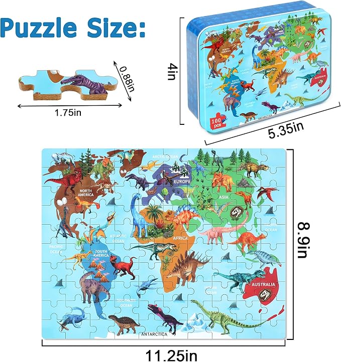 LELEMON Puzzles for Kids Ages 4-6,Dinosaur Map 100 Piece Puzzles for Kids Ages 6-8 in a Metal Box,Educational Jigsaw Puzzles,Childrens 100 Piece Puzzle Games Puzzle Toys for Girls and Boys