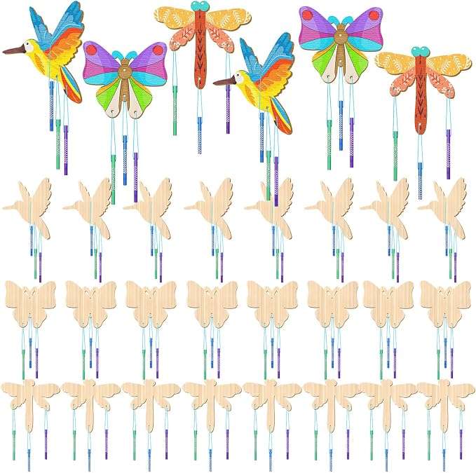 Leinuosen 30 Pcs Wind Chime Kit Make Your Own Hummingbird Crafts for Kids | DIY Hummingbird Windchimes Crafts Decorative Coloring Wooden Crafts for Spring Summer Party Art Activities Home Patio Decor